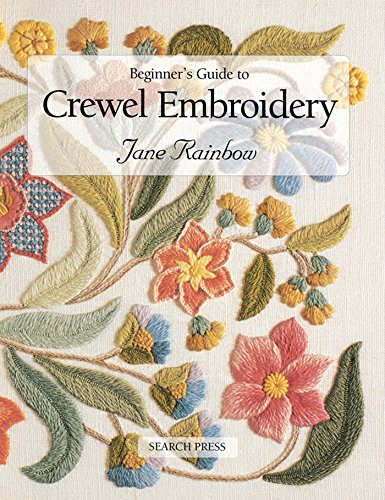 Book cover titled Beginner's Guide to Crewel Embroidery featuring colorful floral embroidery on fabric.