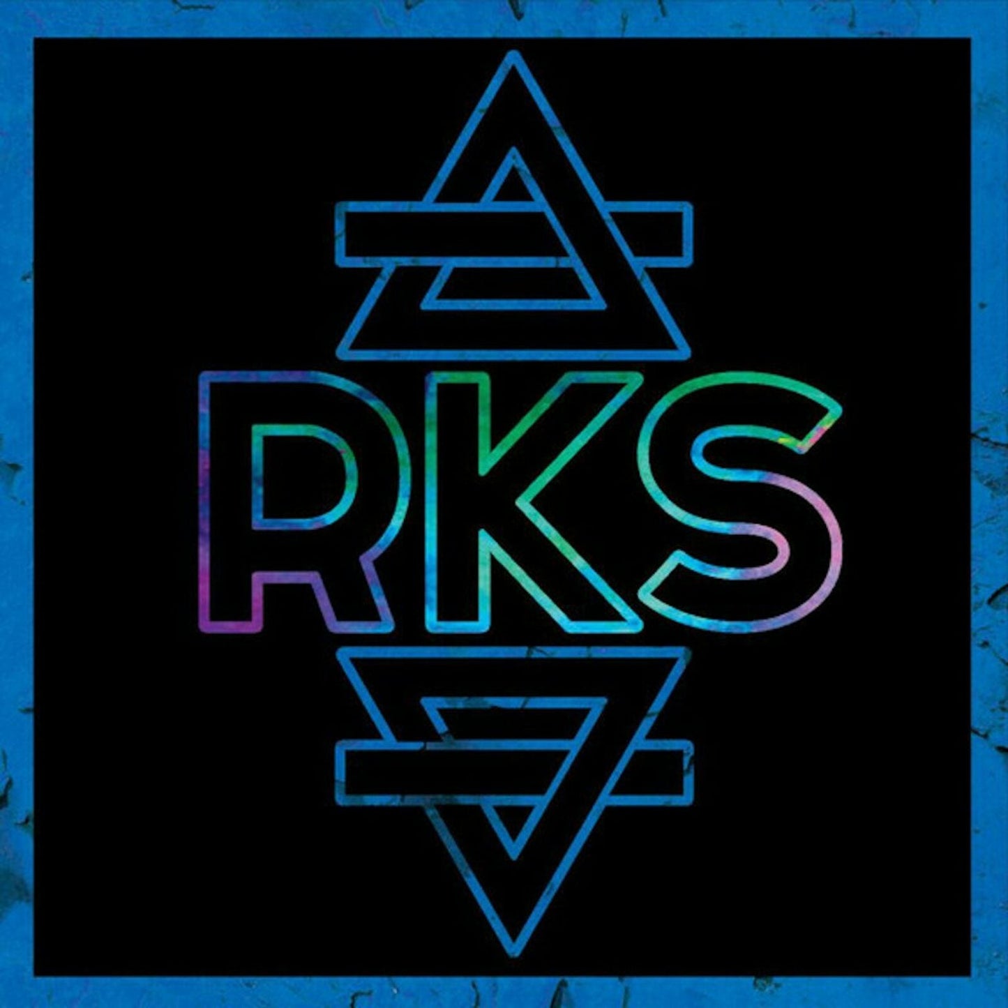 The letters RKS in rainbow colors centered between two blue geometric triangle symbols.