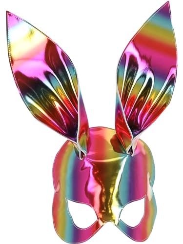 Rainbow metallic bunny mask with eye holes and long ears.