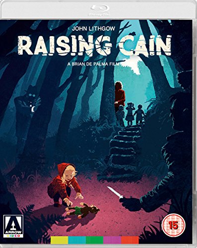 “Raising Cain” Blu-ray cover with illustrated forest scene and figures.