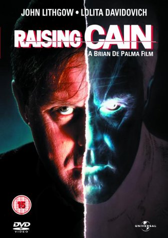 DVD cover for Raising Cain featuring a split-face portrait of John Lithgow.