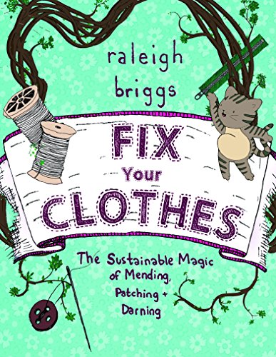 Book cover with sewing supplies, a cat, and hand-lettered title.