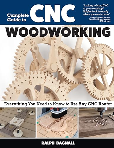 Book cover for "Complete Guide to CNC Woodworking" with wooden gears.