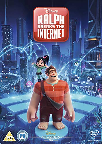 Ralph and Vanellope stand before a glowing, futuristic digital cityscape on a DVD cover.