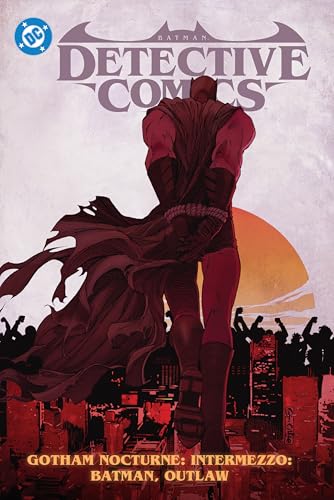 Batman viewed from behind, cape flowing, overlooking a silhouetted Gotham City.