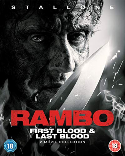 Sylvester Stallone as Rambo, holding a knife, on a Blu-ray double feature case.