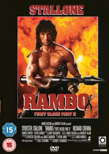 Rambo II DVD cover featuring Sylvester Stallone holding a rocket launcher.