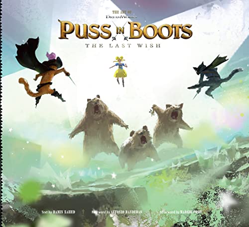 “Puss in Boots: The Last Wish” art book cover with characters and bears.
