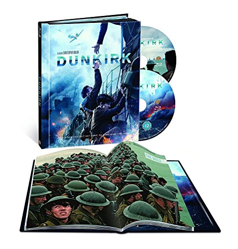 The image shows a Blu-ray case and discs for the movie "Dunkirk". For accessibility purposes, a suitable alt text could be: "Blu-ray case and discs for 'Dunkirk' with booklet."