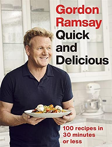 Gordon Ramsay cookbook cover with chef holding a plate of food.