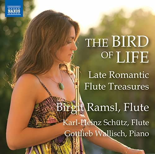 Woman playing a silver flute, album cover for “The Bird of Life.”