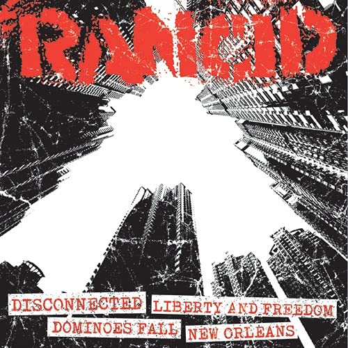 Rancid album cover featuring a low-angle view of black and white city skyscrapers.