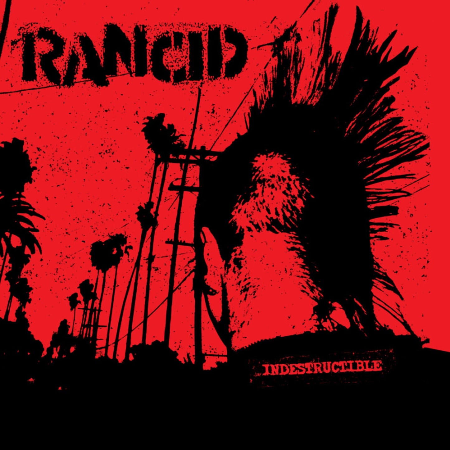Red album cover for Rancid’s “Indestructible” featuring a mohawked silhouette.