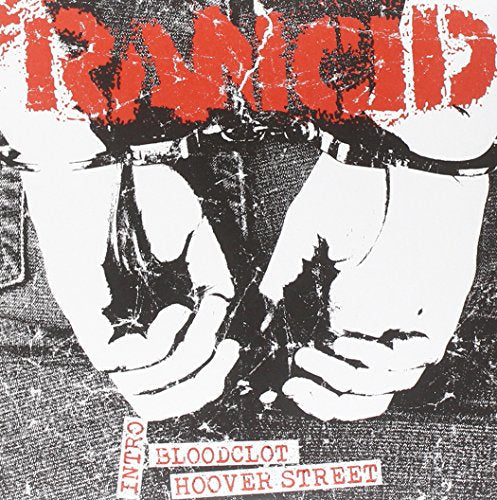 Black and white image of handcuffed hands with the red band name Rancid above.