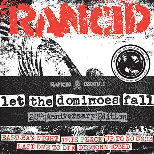 Rancid album cover: black and white illustration with red text, "Let the Dominoes Fall".