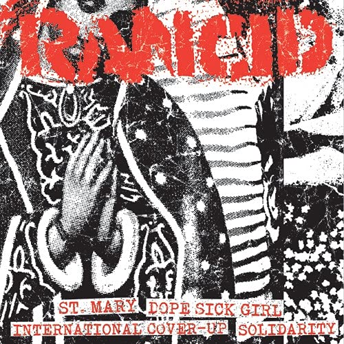 Black and white graphic of a figure praying with red Rancid text above.