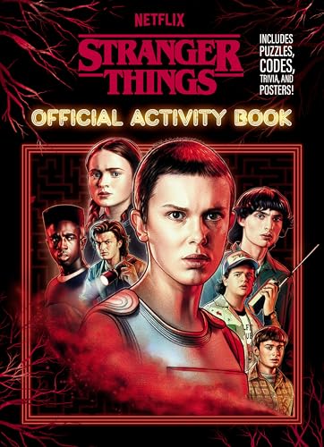 “Stranger Things” activity book cover featuring Eleven and friends in a red frame.