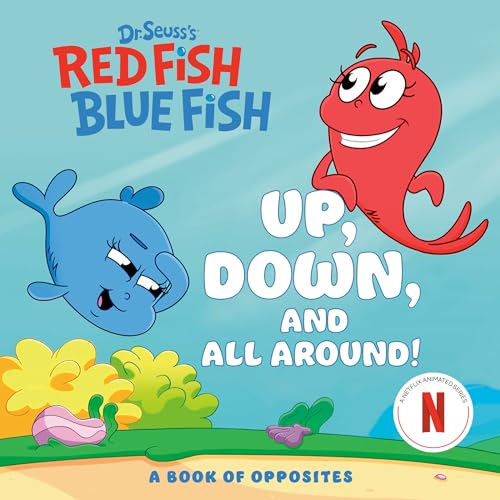 Red and blue cartoon fish with book title "Up, Down, and All Around!