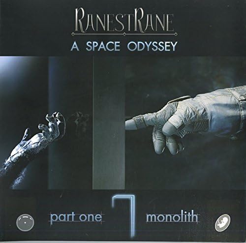 Vinyl record cover: astronaut hands reaching towards a dark monolith.