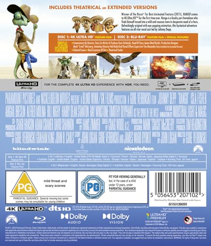 Back of "Rango" UHD Blu-ray case with lizard character and rating logos.