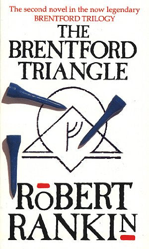 Book cover for The Brentford Triangle by Robert Rankin with blue pegs and symbols.