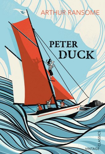 Book cover: sailboat with figures, stylized waves, and title "Peter Duck".