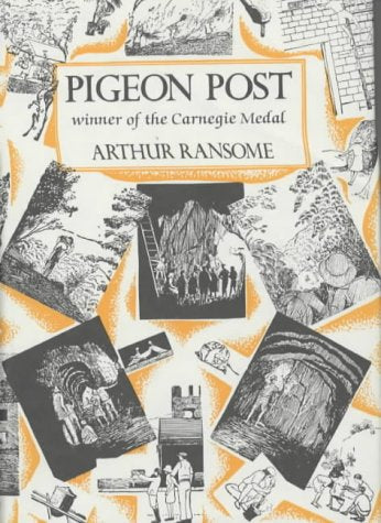 Book cover for Pigeon Post by Arthur Ransome featuring black and white line illustrations.