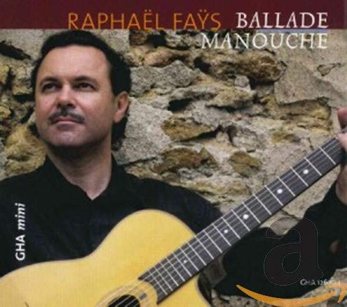 Raphael Fays with a guitar, album cover with stone wall background.