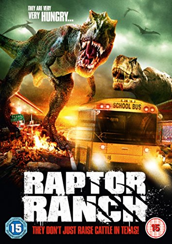 Two dinosaurs attacking a school bus on a movie DVD cover for Raptor Ranch.