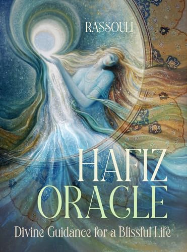 Book cover with painted woman holding light, titled "Hafiz Oracle".