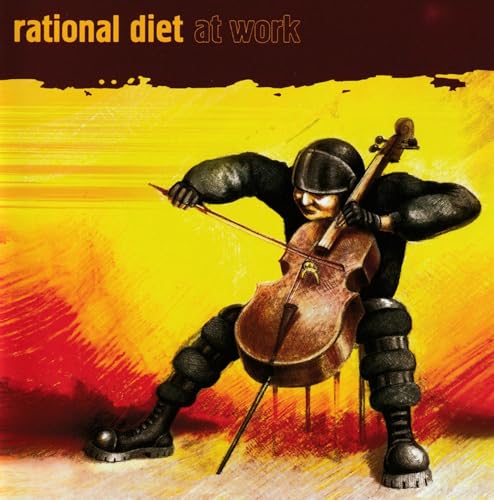 Person in tactical gear playing a cello against a yellow and red background.