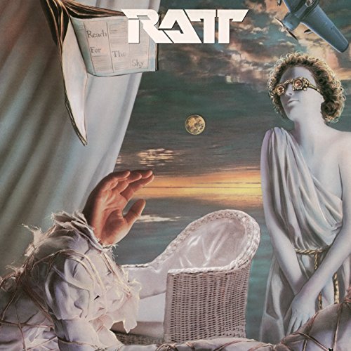 Surreal album cover with a statue, a hand, a wicker chair, and a sunset.