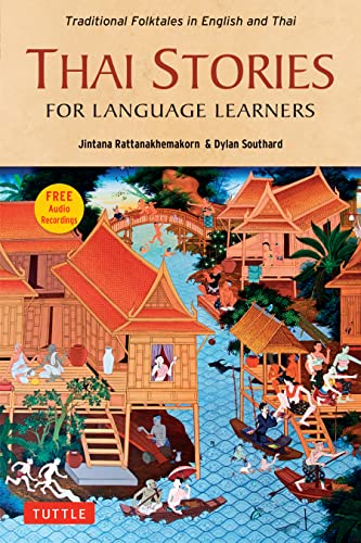 Book cover for Thai Stories for Language Learners featuring a traditional Thai village painting.
