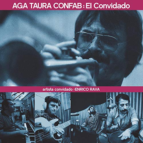 Blue-toned collage of musicians playing instruments with the text Aga Taura Confab El Convidado.