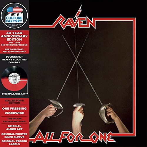 Album cover for Raven's All For One featuring three hands holding crossed rapiers.