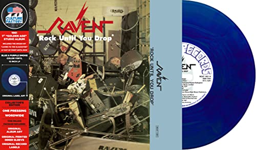 Blue and purple vinyl record of Raven’s “Rock Until You Drop,” with barcode.