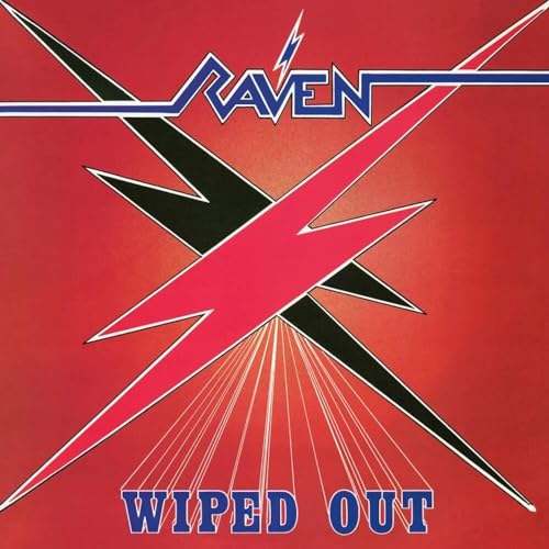 Red album cover with "RAVEN" and "WIPED OUT" text and intersecting lightning bolts.
