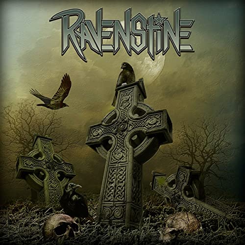 CD cover with a Celtic cross, ravens, and a skull in a graveyard.