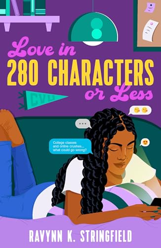 Book cover: young woman looking at her phone, purple background.