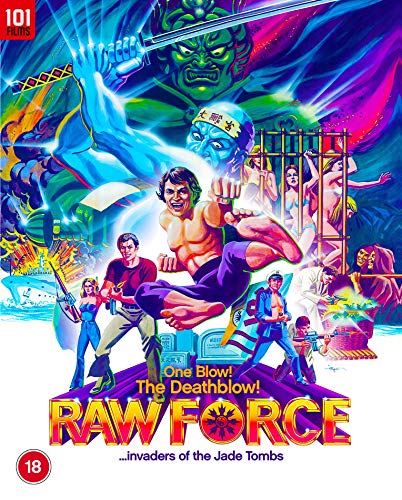 "Blu-ray cover art for 'Raw Force' featuring a muscular man in a fighting stance."