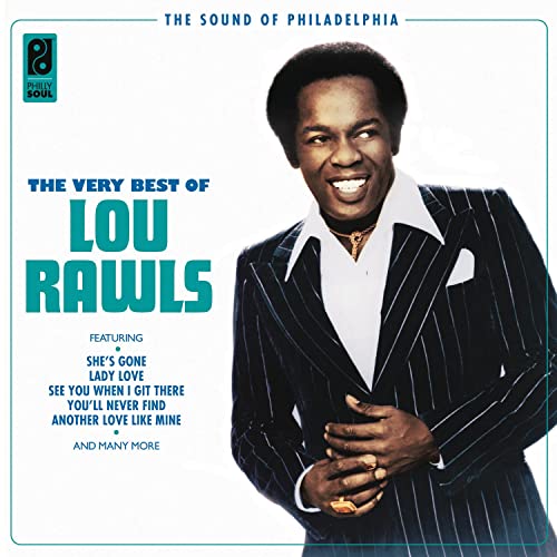 Lou Rawls in a pinstripe suit on an album cover with teal text.