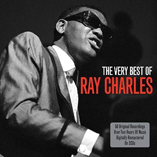 Black and white portrait of Ray Charles wearing sunglasses, with album title text overlay.