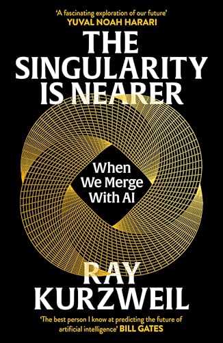 Book cover: "The Singularity is Nearer" with gold geometric design.
