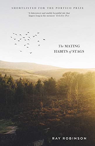 Book cover: landscape with trees, birds, and title “The Mating Habits of Stags.”