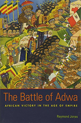 Book cover depicting a colorful, crowded scene of Ethiopian soldiers and royalty.