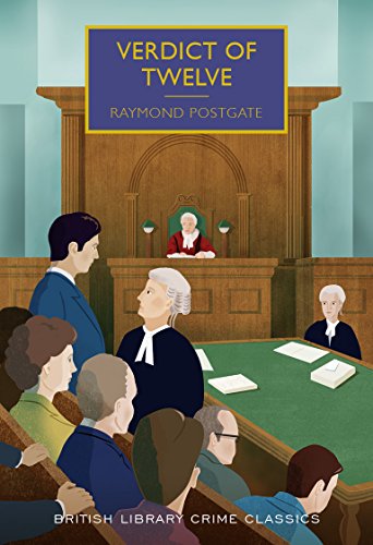 Book cover illustration of a courtroom scene with a judge, lawyers, and jury members.