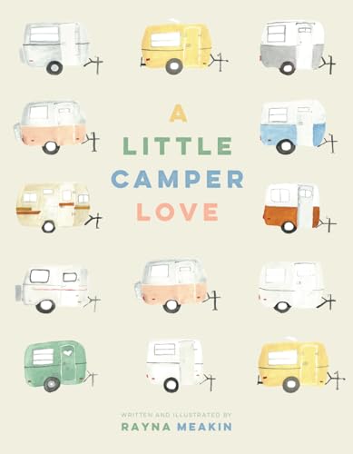 Book cover with watercolor illustrations of vintage campers in pastel shades.
