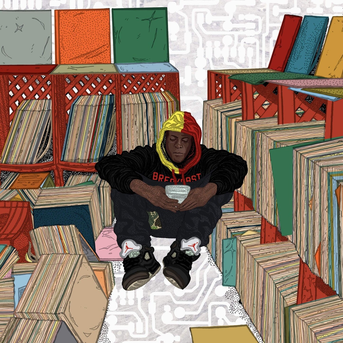 Illustrated album cover featuring a hooded figure amidst stacks of vinyl records.