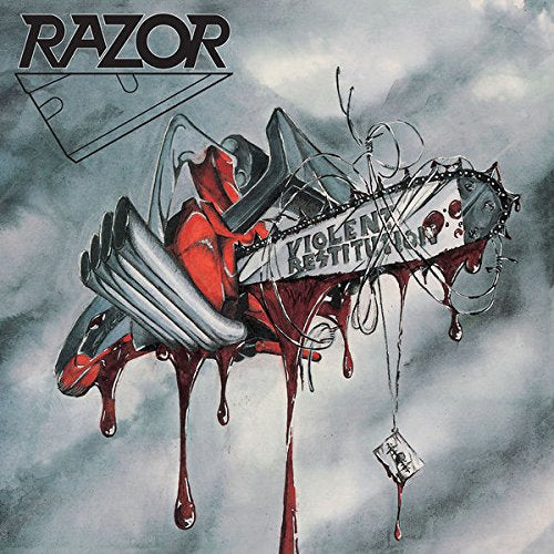 "Album cover with a razor blade and blood, titled 'Razor - Violent Restitution'."