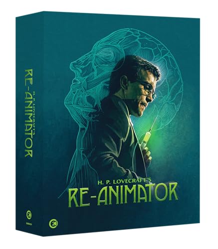 Blu-ray cover for “Re-Animator” featuring a man with a syringe and brain outline.